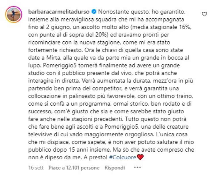 Barbara D'Urso rivelazione Mediaset Pomeriggio 5